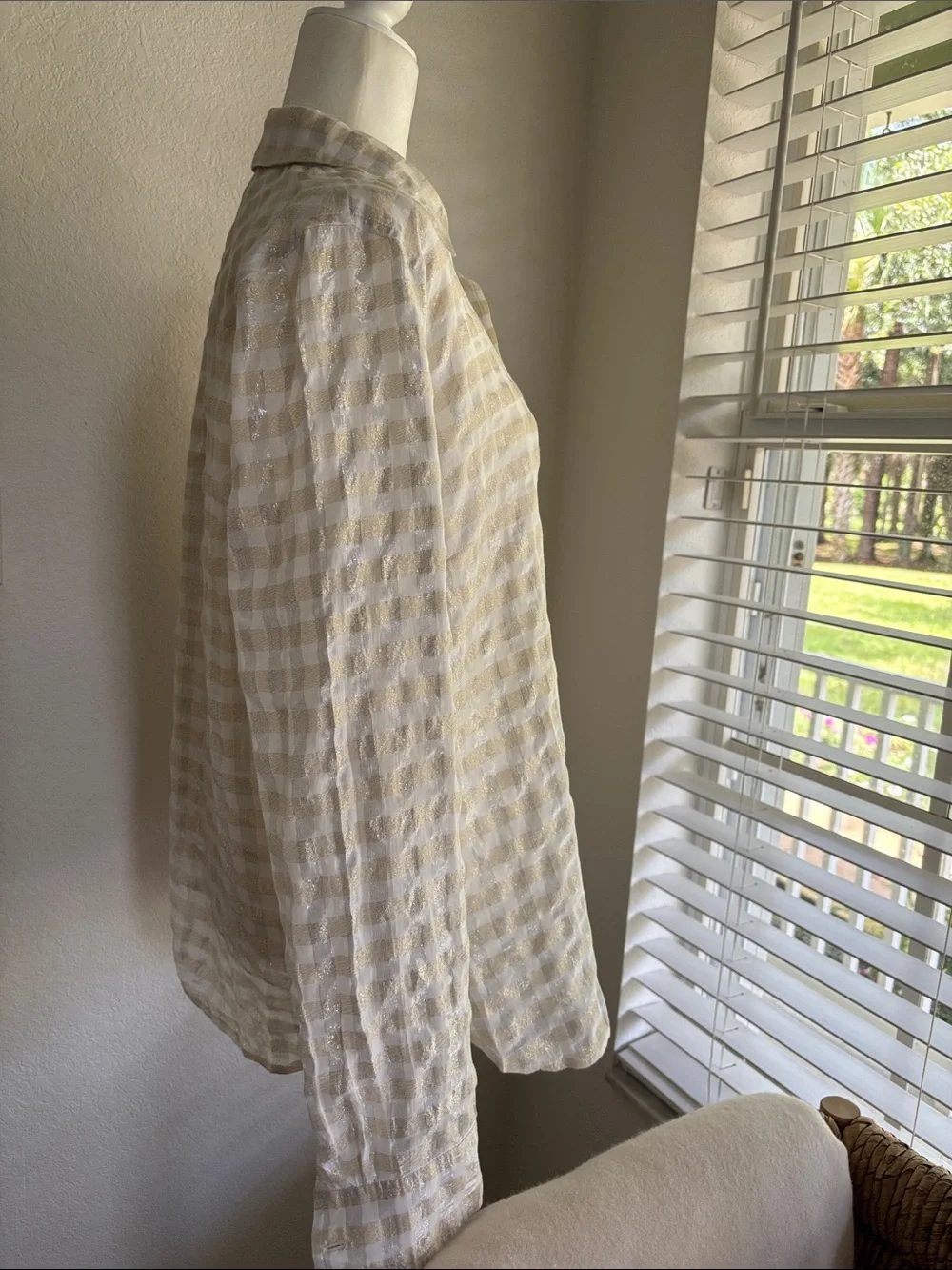 J. Crew White and Gold Soft Shimmer Metallic Check 5 Button Pop Over Shirt